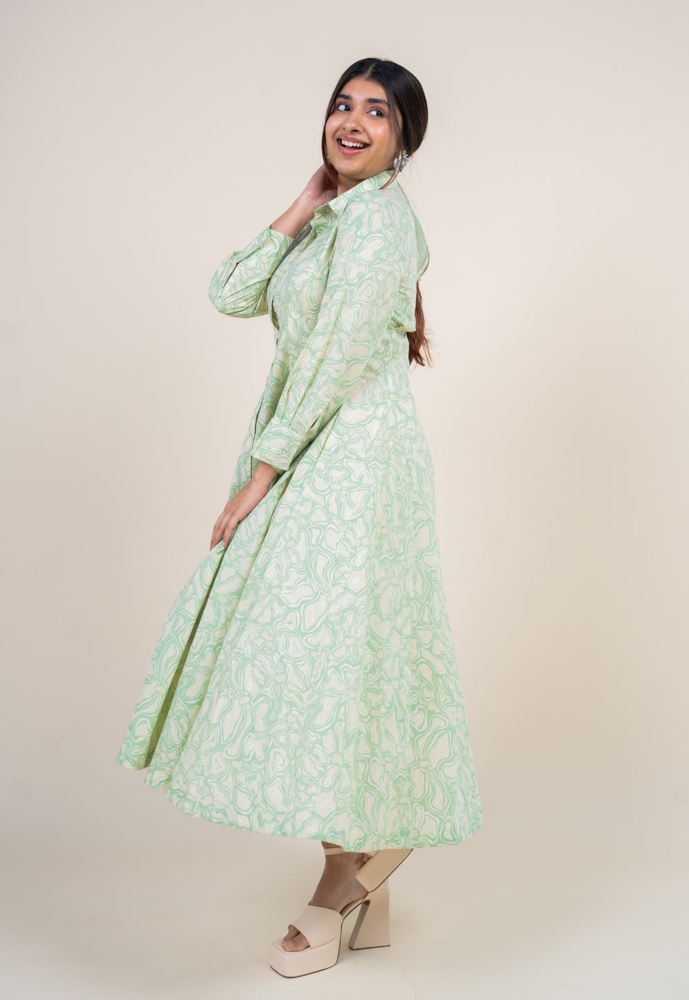 Ruma Mint Green Printed Cotton A Line Dress