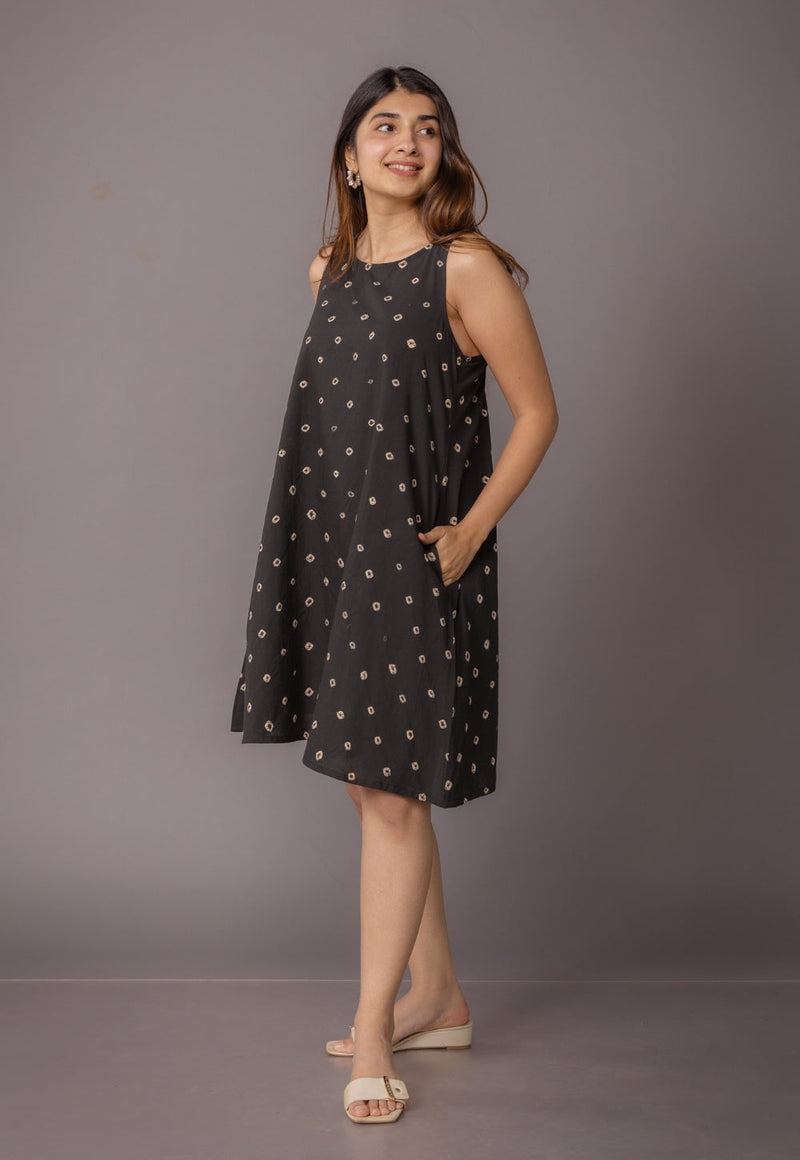 Inam Black Bandhani Cotton A Line Dress