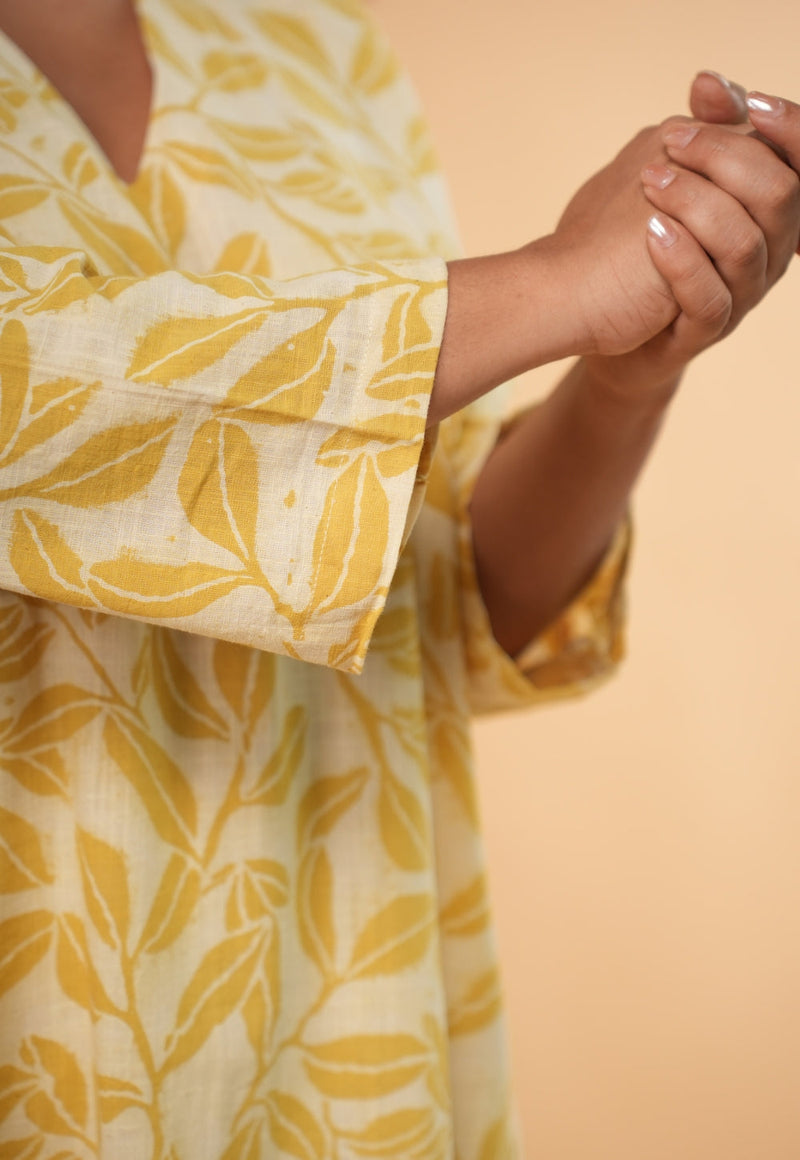Ritika Yellow Hand Block Print Slub Cotton Jhabbha Kali Kurta