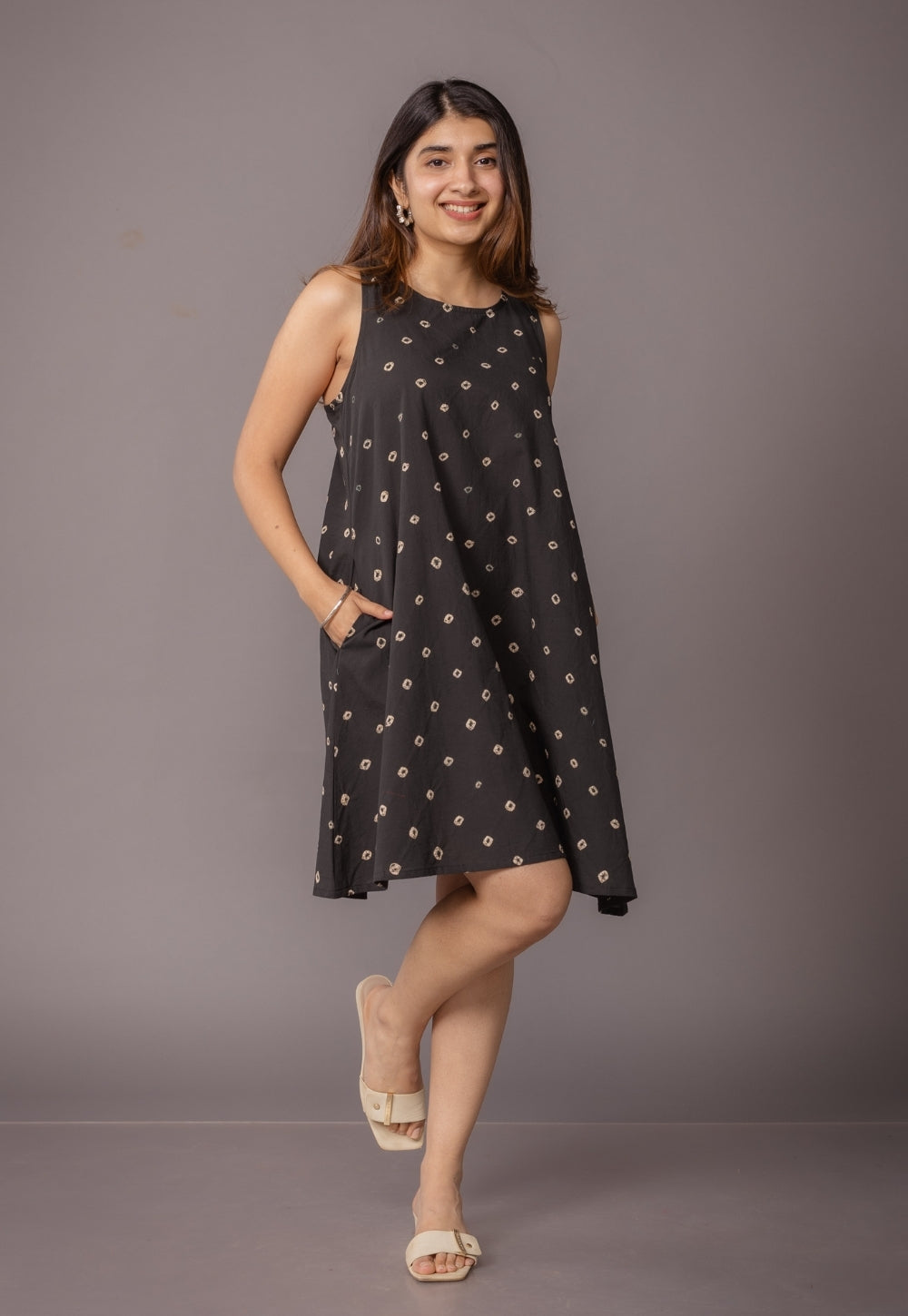 Inam Black Bandhani Cotton A Line Dress