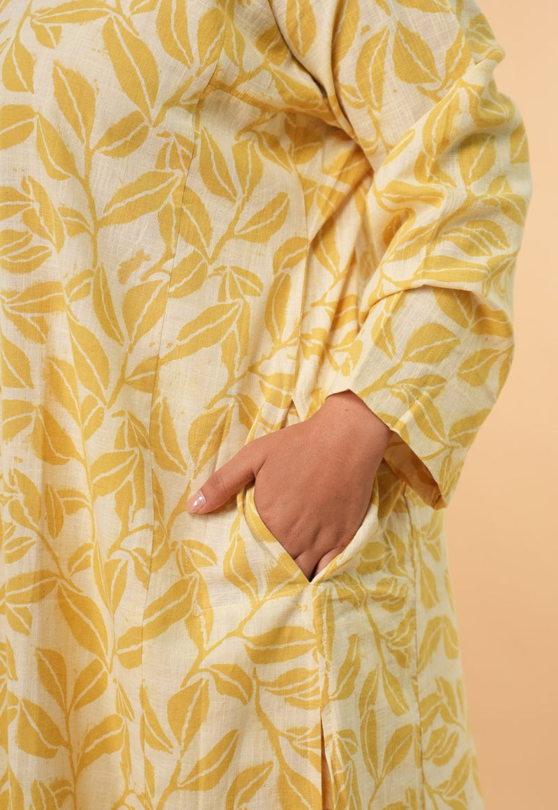 Ritika Yellow Hand Block Print Slub Cotton Jhabbha Kali Kurta