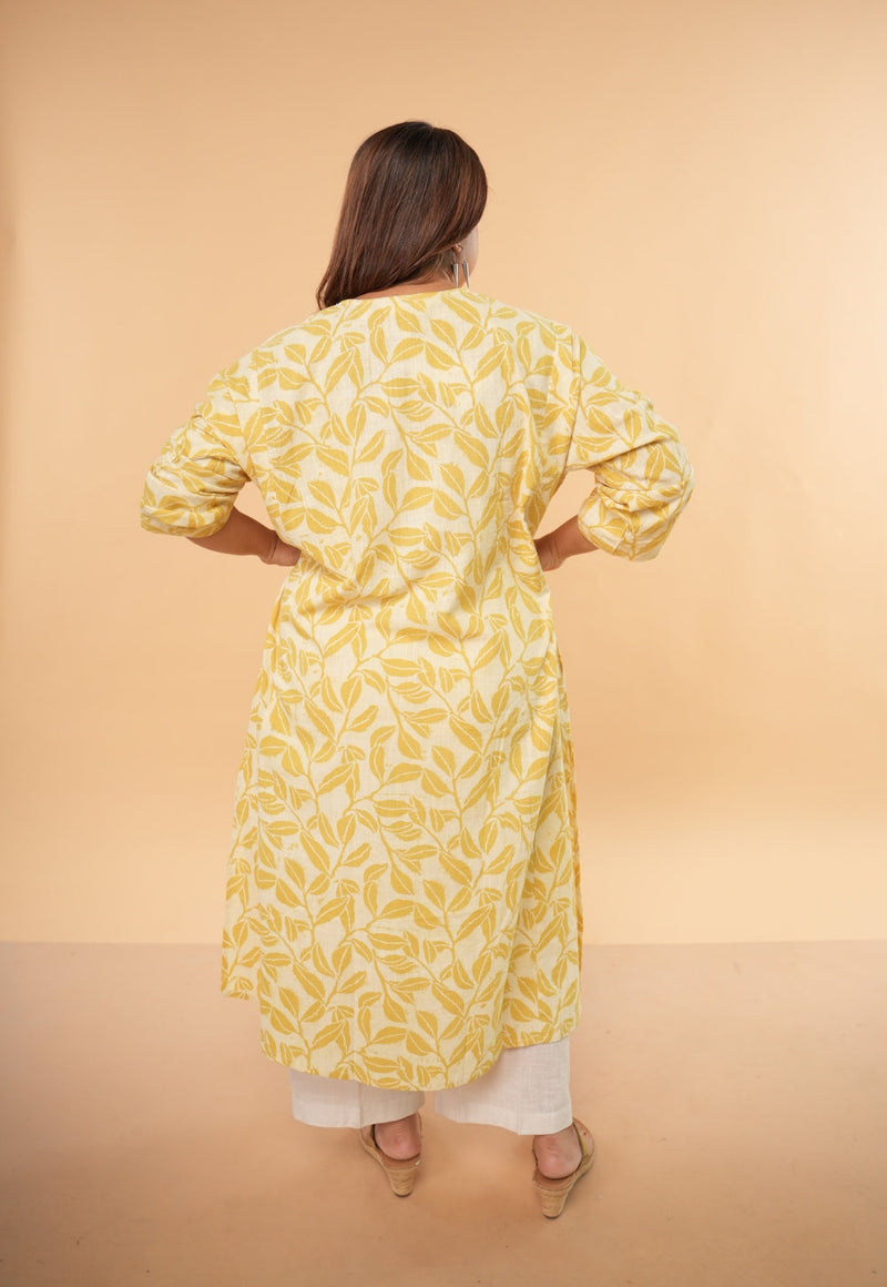 Ritika Yellow Hand Block Print Slub Cotton Jhabbha Kali Kurta