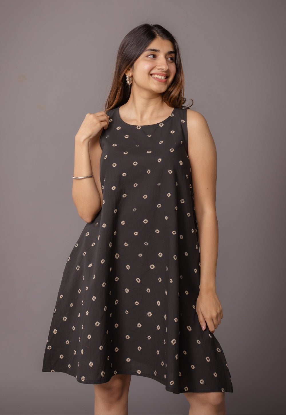Inam Black Bandhani Cotton A Line Dress