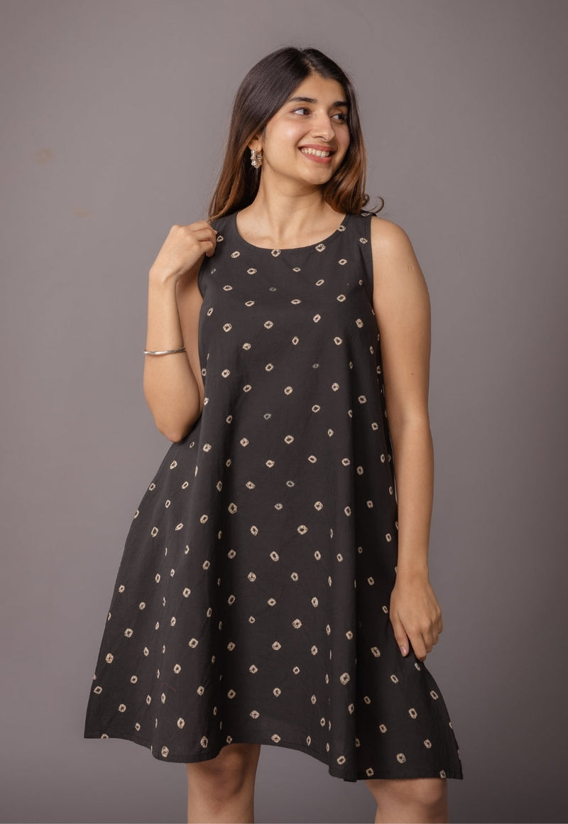 Inam Black Bandhani Cotton A Line Dress