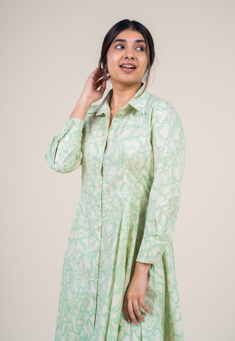 Ruma Mint Green Printed Cotton A Line Dress