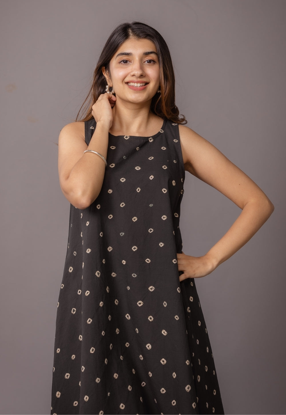 Inam Black Bandhani Cotton A Line Dress