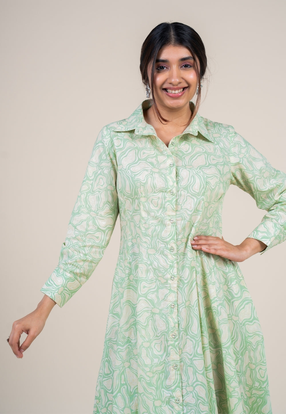 Ruma Mint Green Printed Cotton A Line Dress