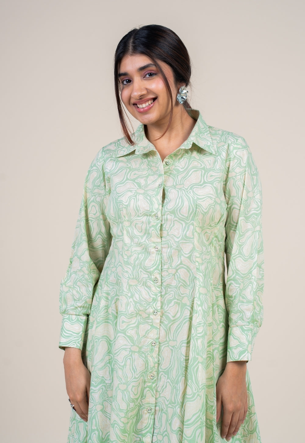 Ruma Mint Green Printed Cotton A Line Dress