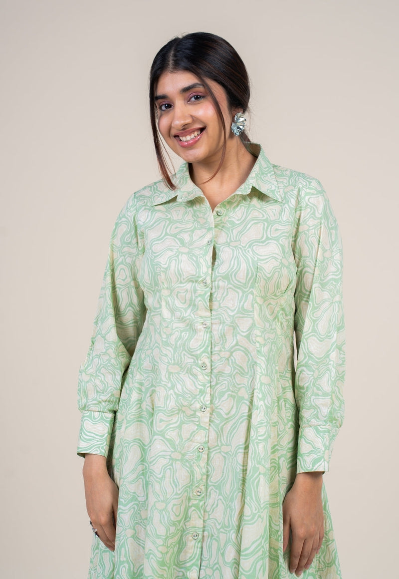Ruma Mint Green Printed Cotton A Line Dress