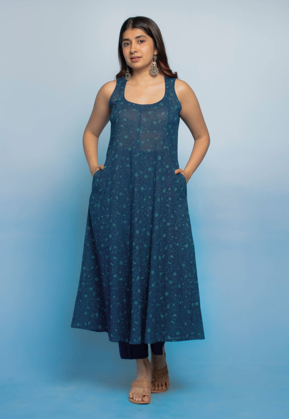 Tia Blue Dabu Mul Cotton Kali Kurta