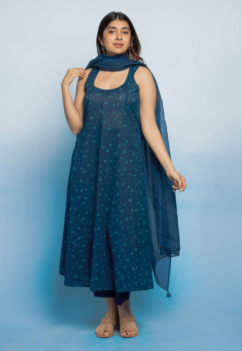 Tia Blue Dabu Mul Cotton Kali Kurta