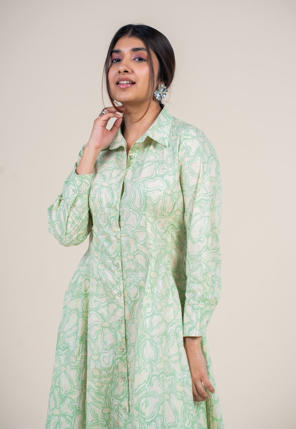 Ruma Mint Green Printed Cotton A Line Dress