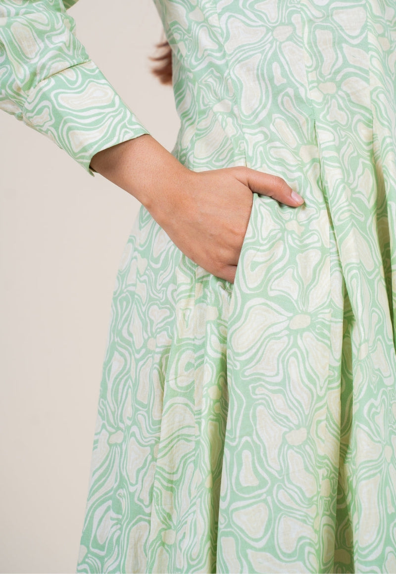 Ruma Mint Green Printed Cotton A Line Dress
