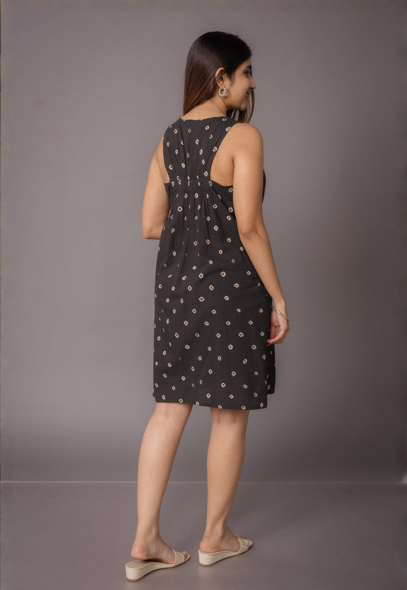 Inam Black Bandhani Cotton A Line Dress