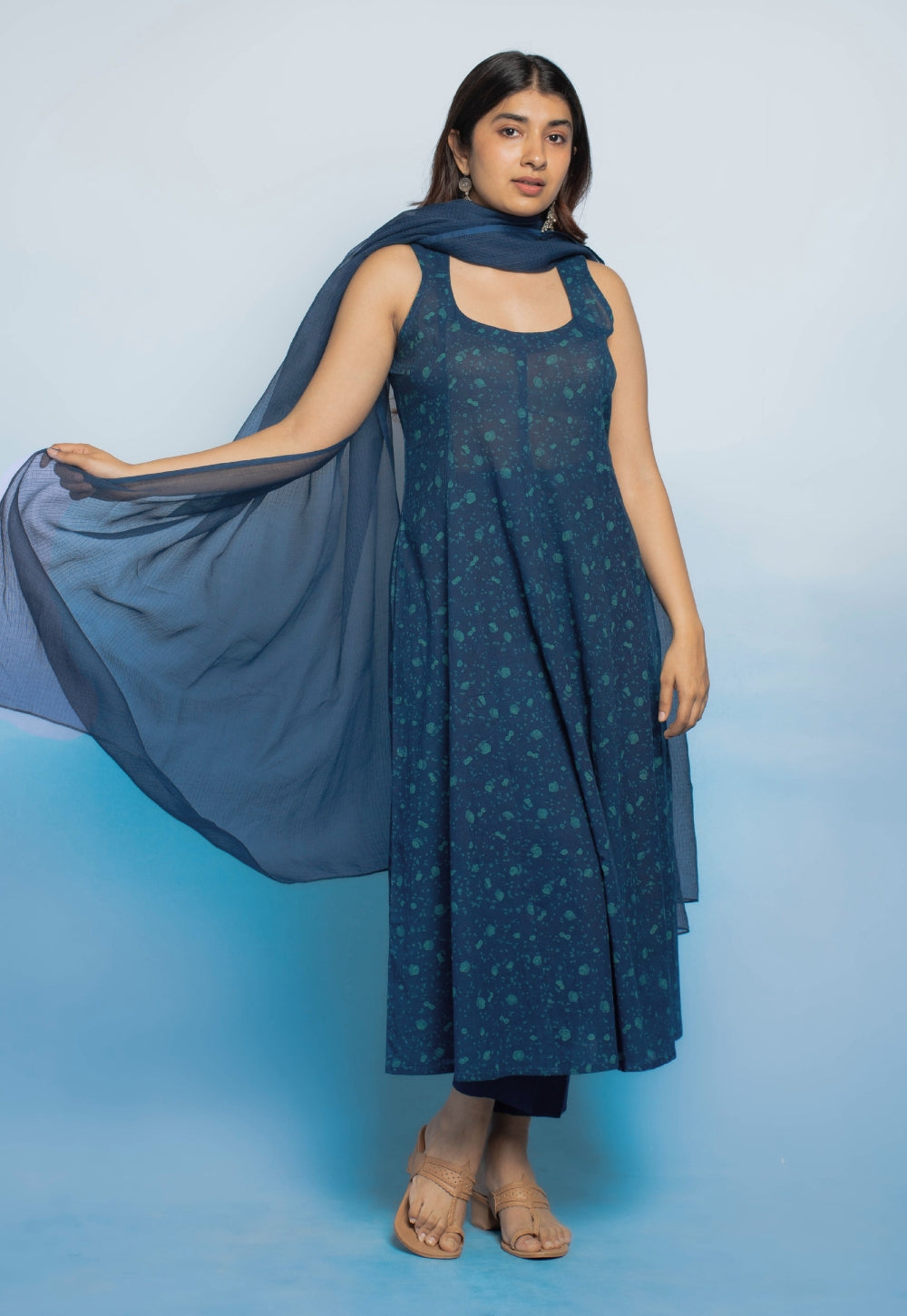 Tia Blue Dabu Mul Cotton Kali Kurta
