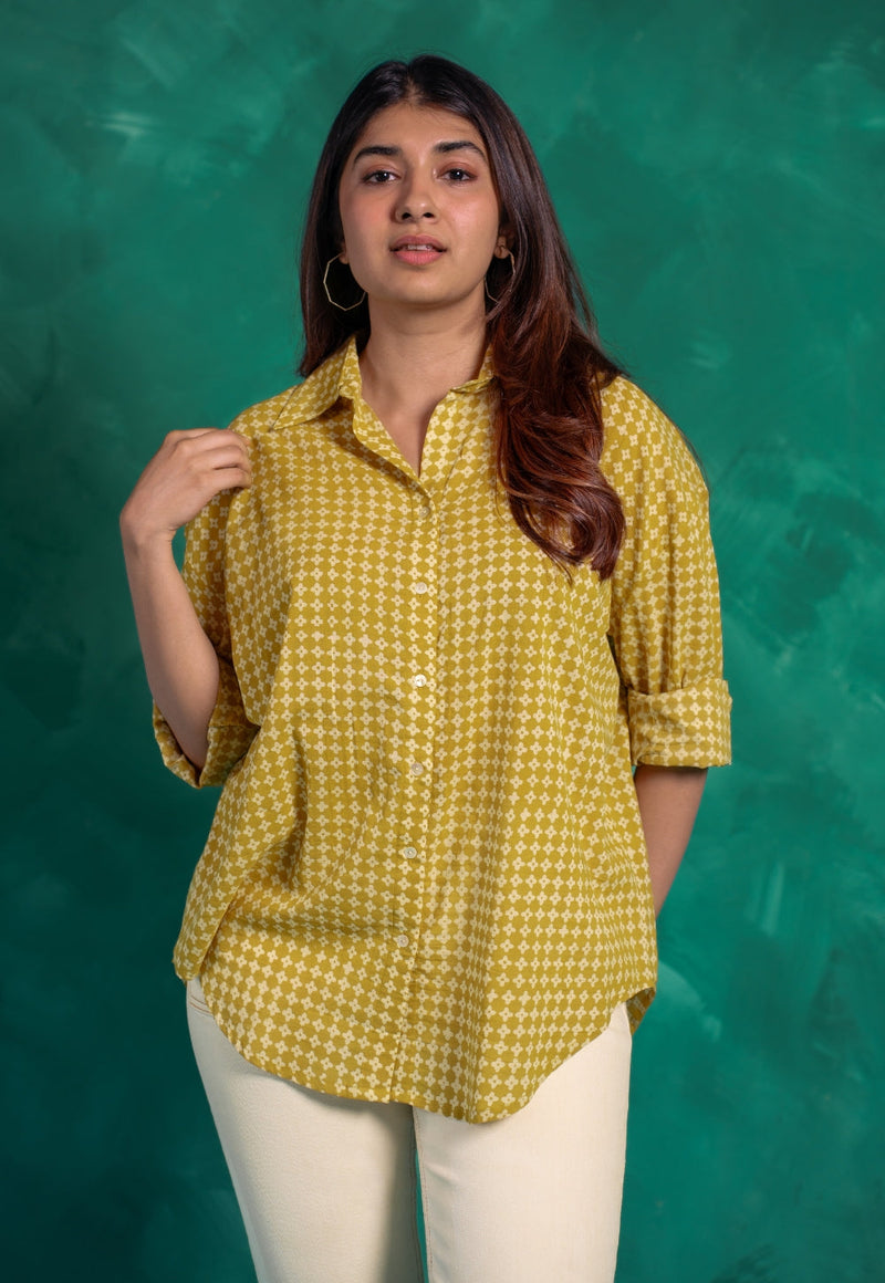 Ruhi Yellow Bagru Cotton Straight Shirt
