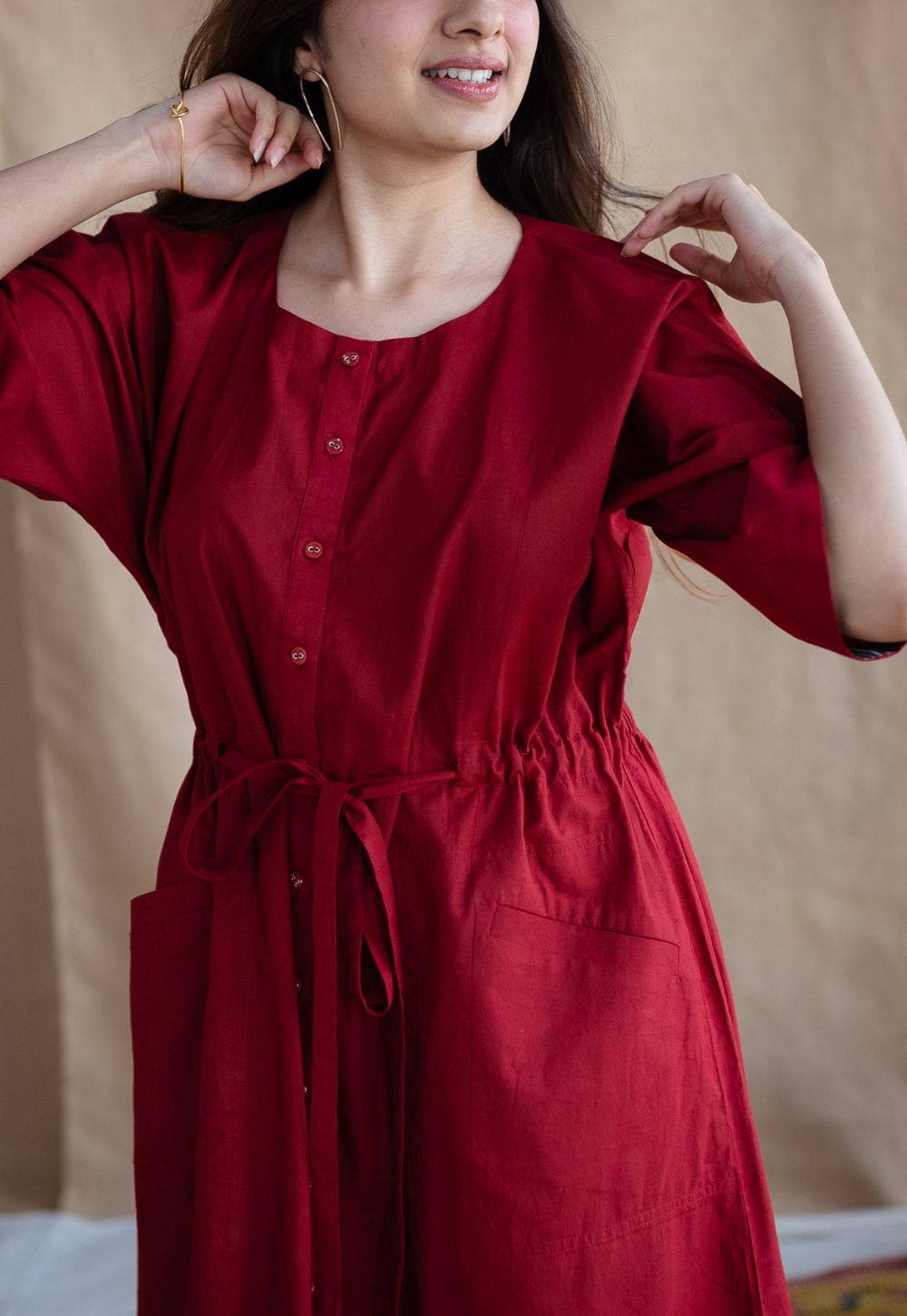Deepti Maroon Solid Cotton Loose Dress