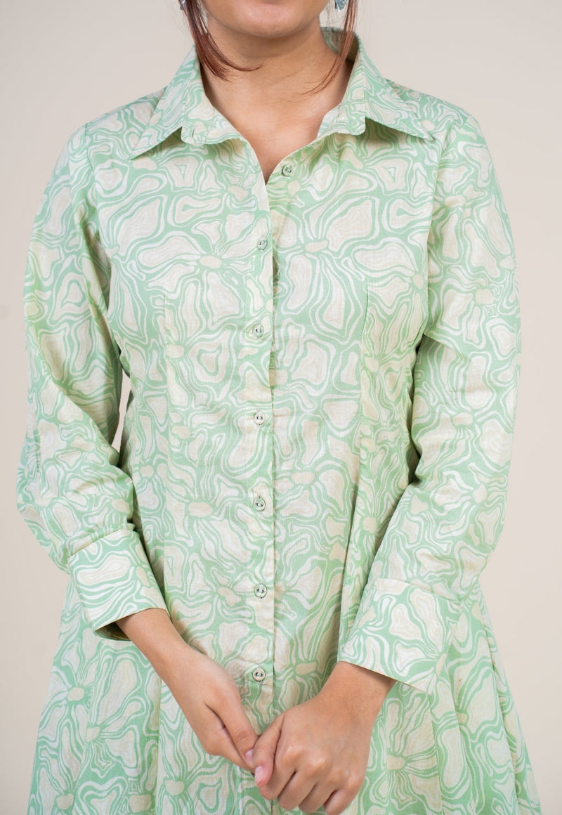 Ruma Mint Green Printed Cotton A Line Dress