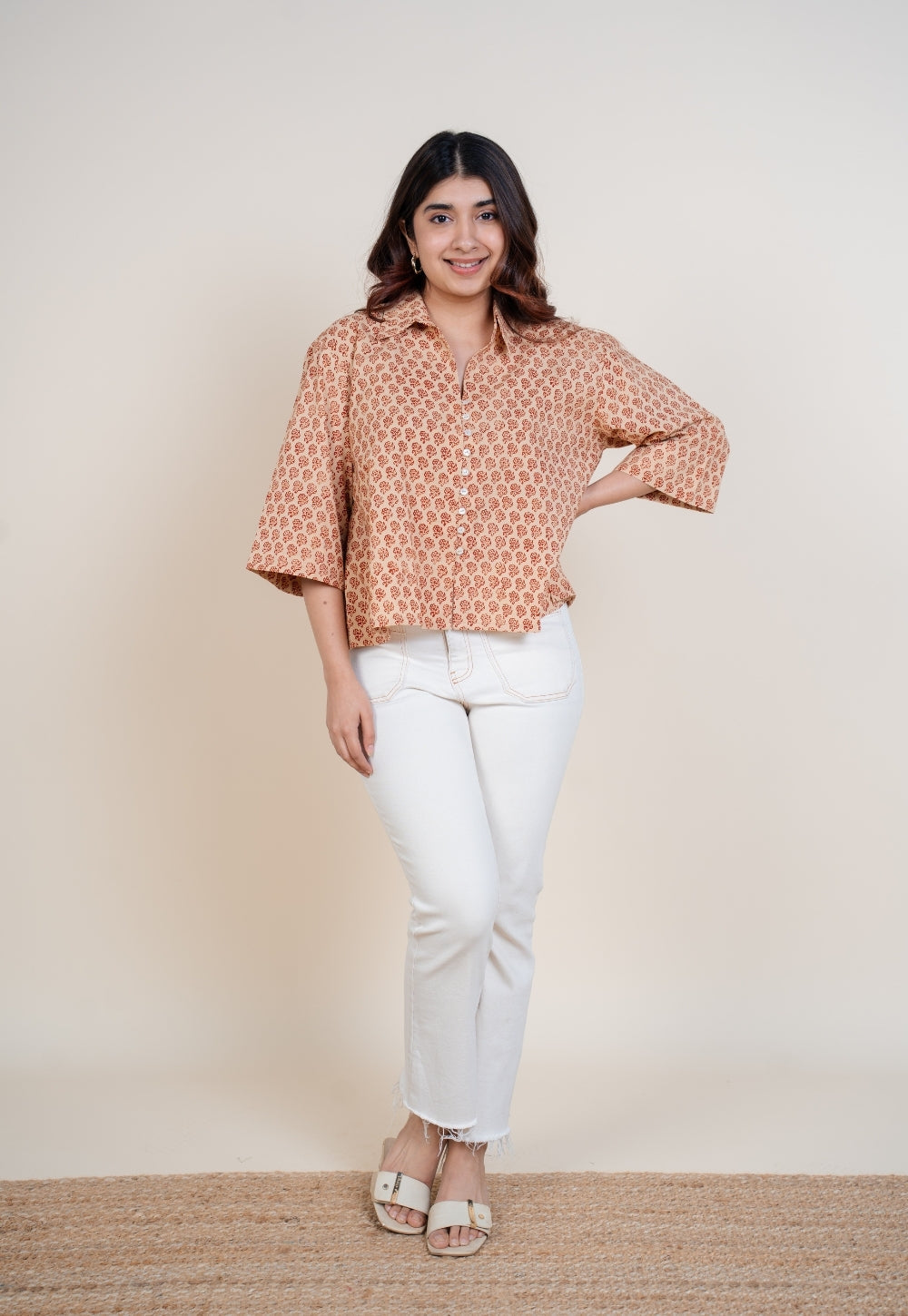 Niva Off White Bagru Cotton Straight Short Top