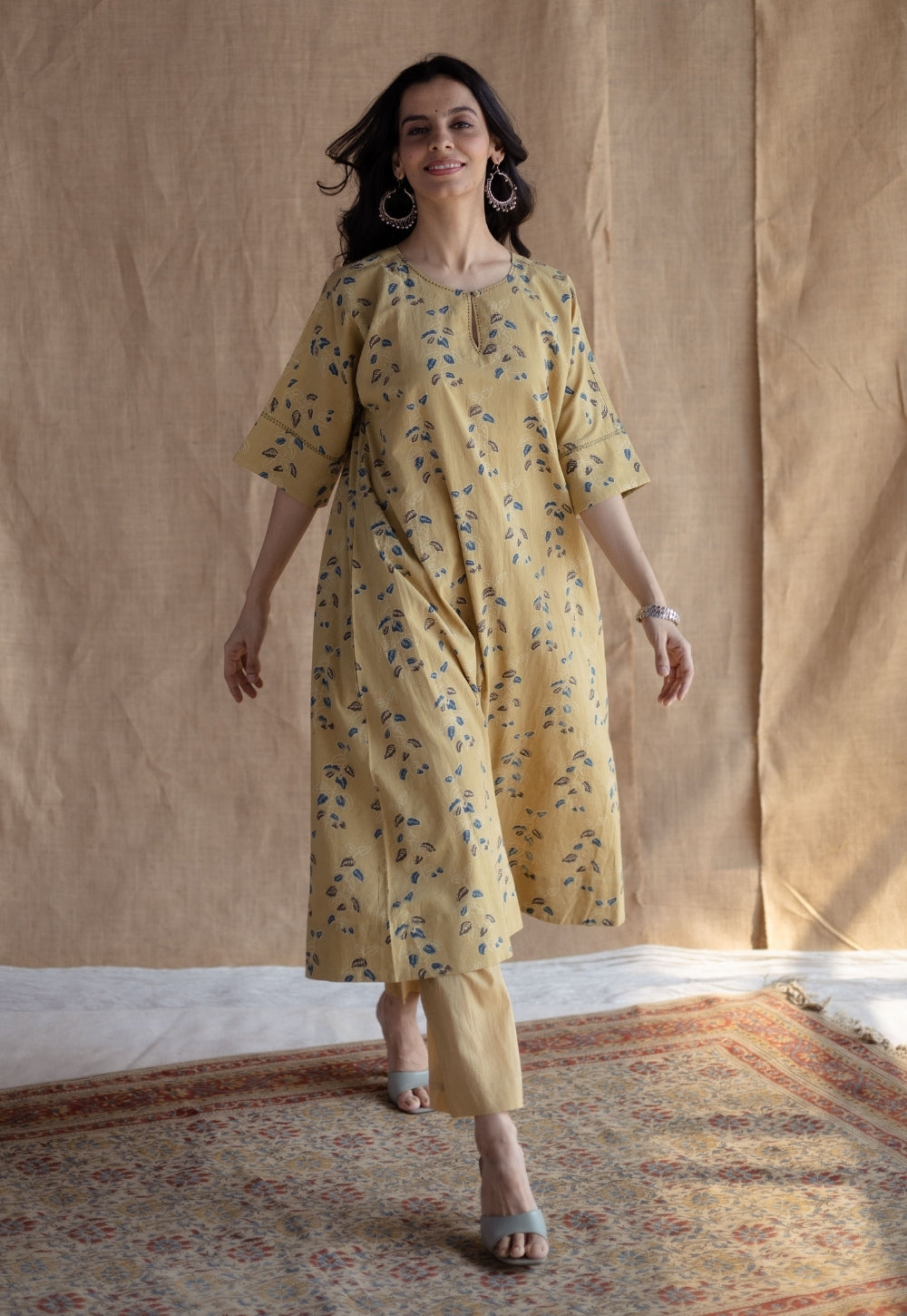 Anu Yellow Ajrakh Cotton A Line Kurta with Hand Embroidery