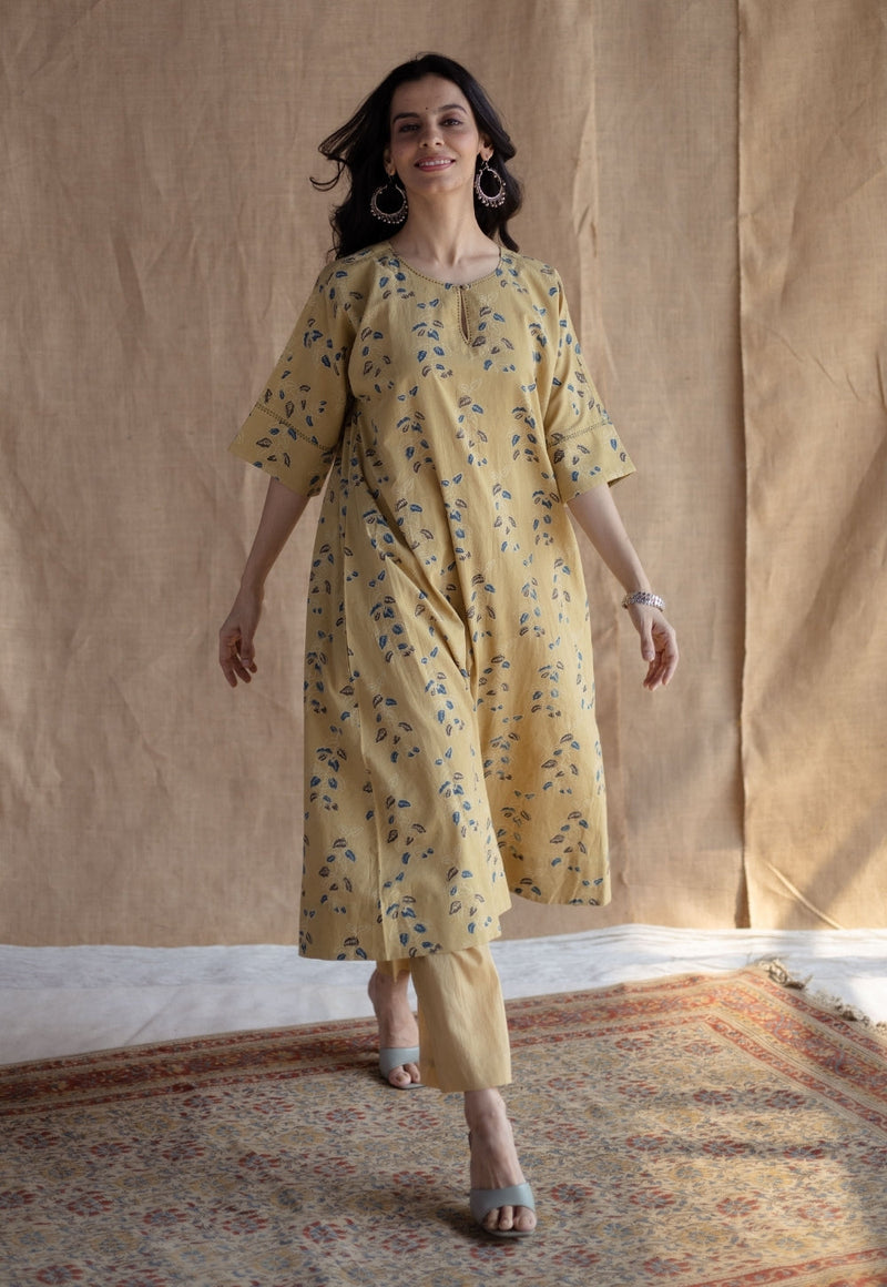 Anu Yellow Ajrakh Cotton A Line Kurta with Hand Embroidery