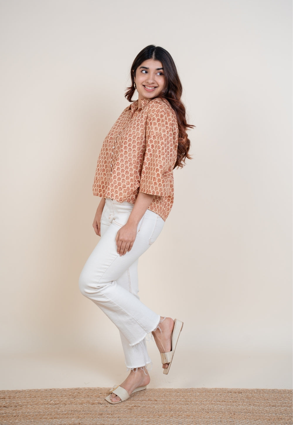 Niva Off White Bagru Cotton Straight Short Top