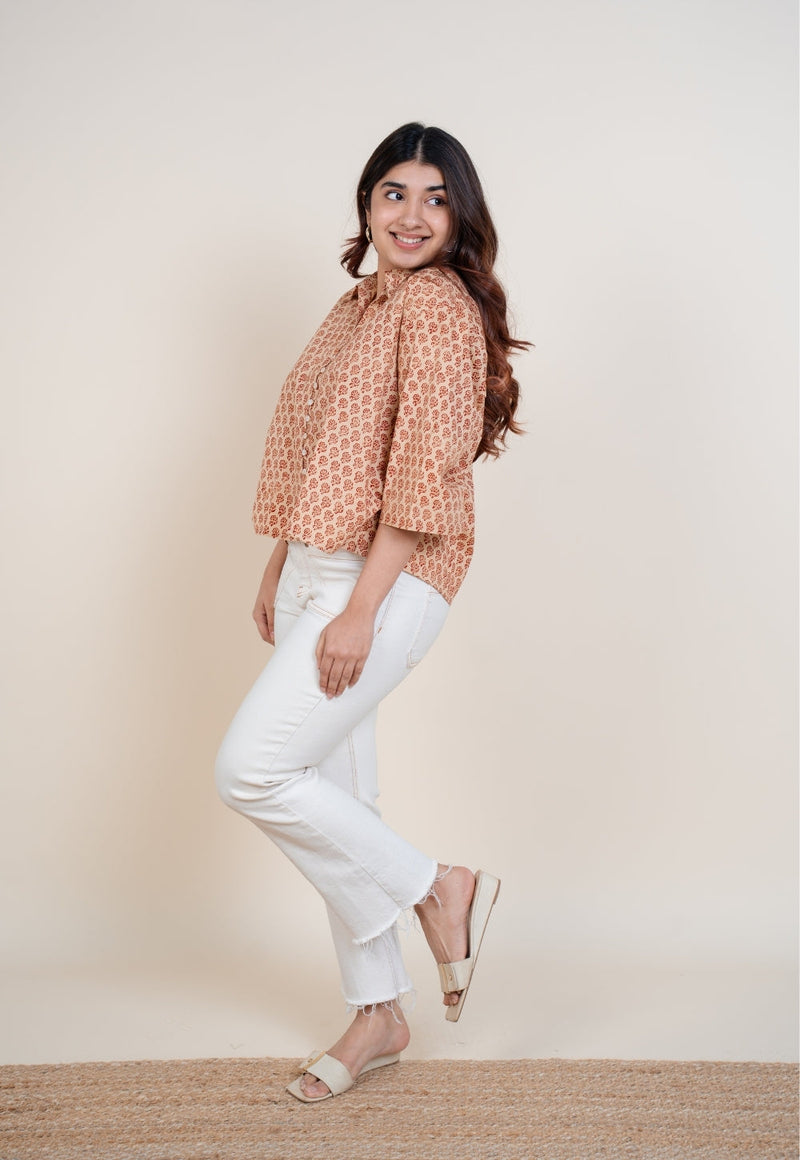 Niva Off White Bagru Cotton Straight Short Top