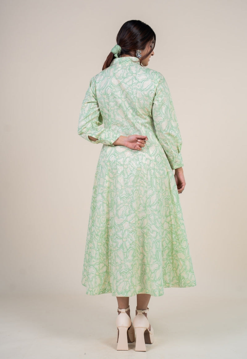 Ruma Mint Green Printed Cotton A Line Dress