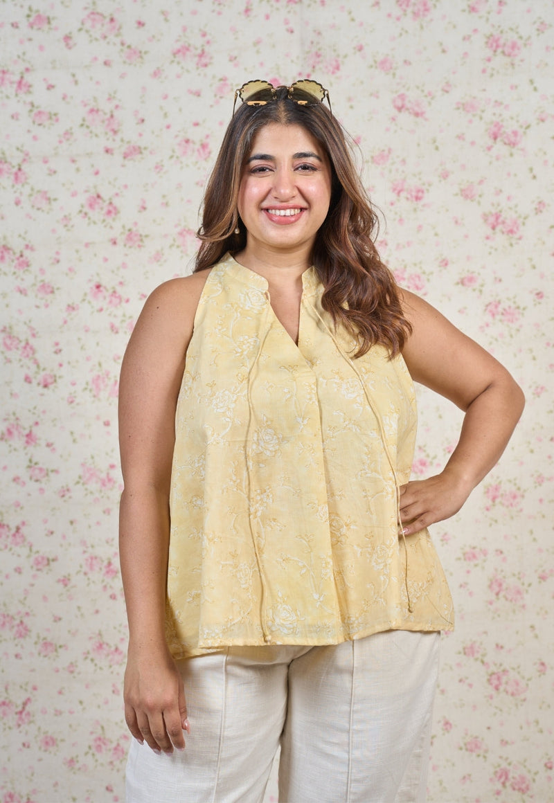 Amy Yellow Sanganeri Mul Cotton A Line Short Top