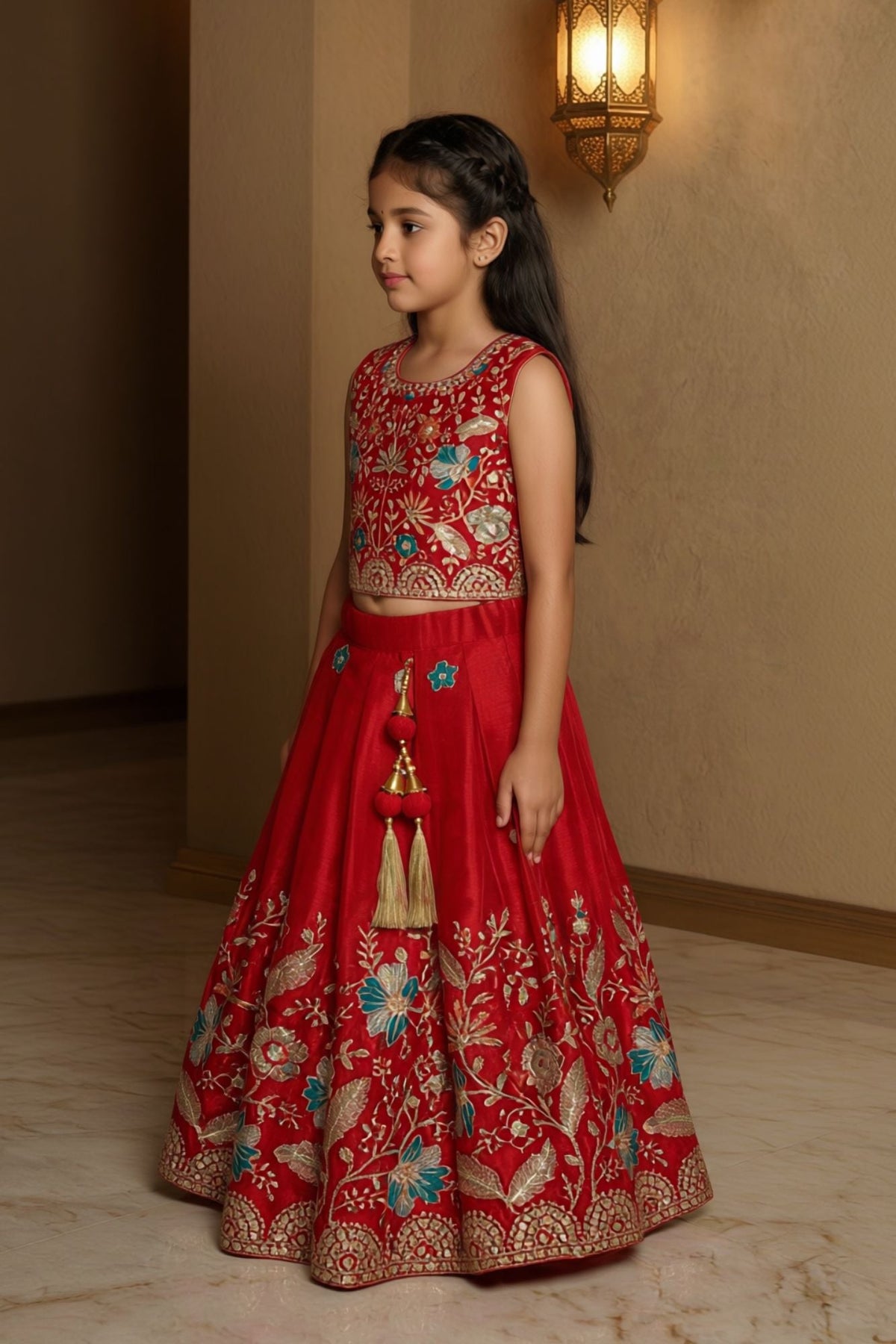 Red Embroidered Lehenga Choli Set with Net Dupatta For Girls
