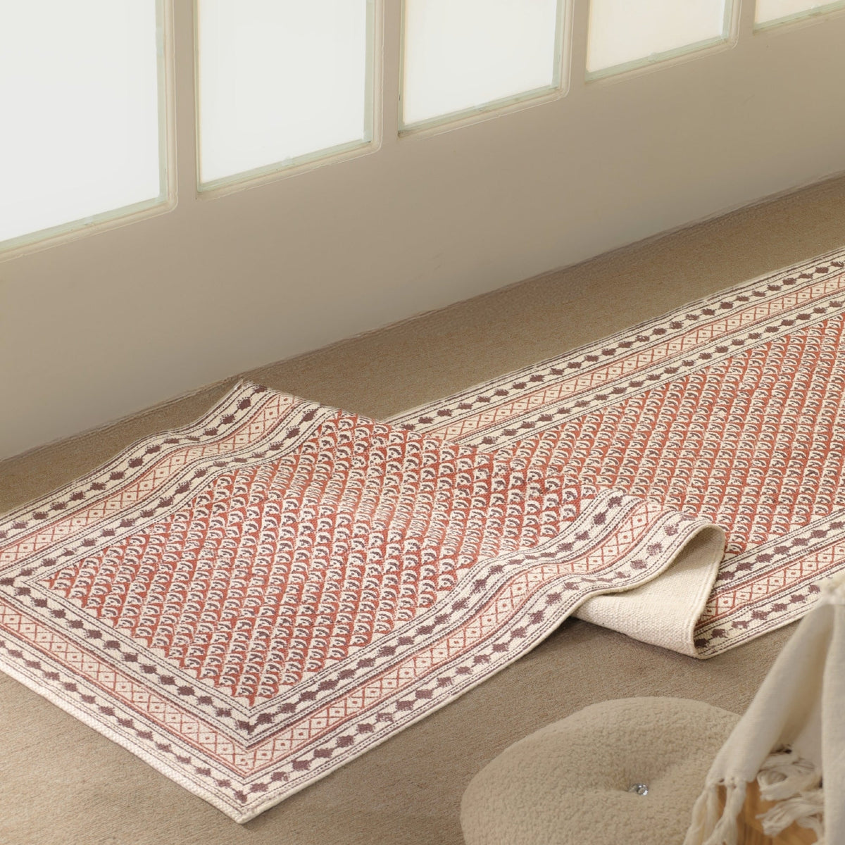 Cotton Floor Rug for Living Room and Bedroom handprinted in Maroon and Black Colour| Soft Washable Area Rug