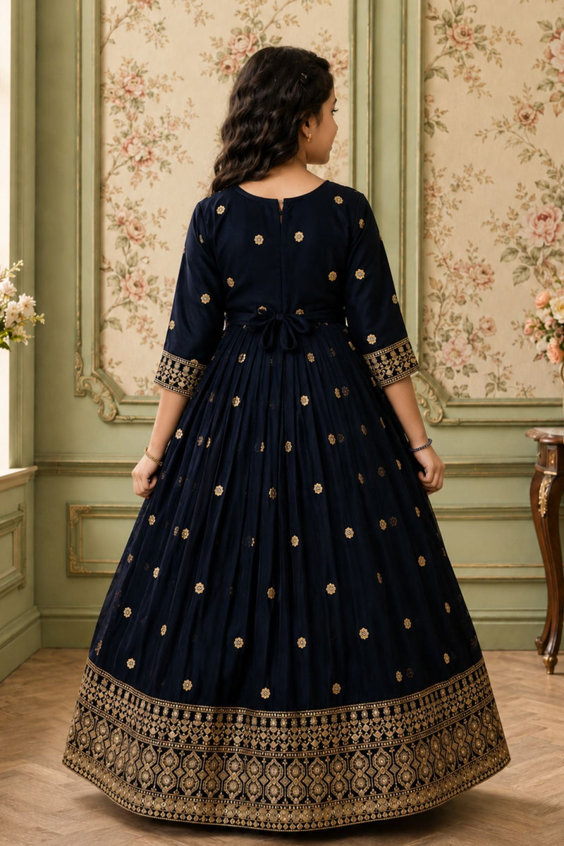 Navy Blue Sequins Work And Zari Embroidered Ethnic Gown For Girls