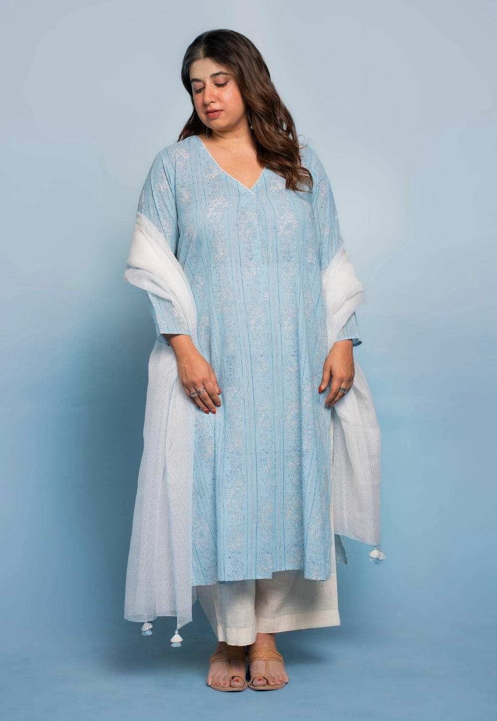 Raila Blue Dabu Mul Cotton Straight Kurta
