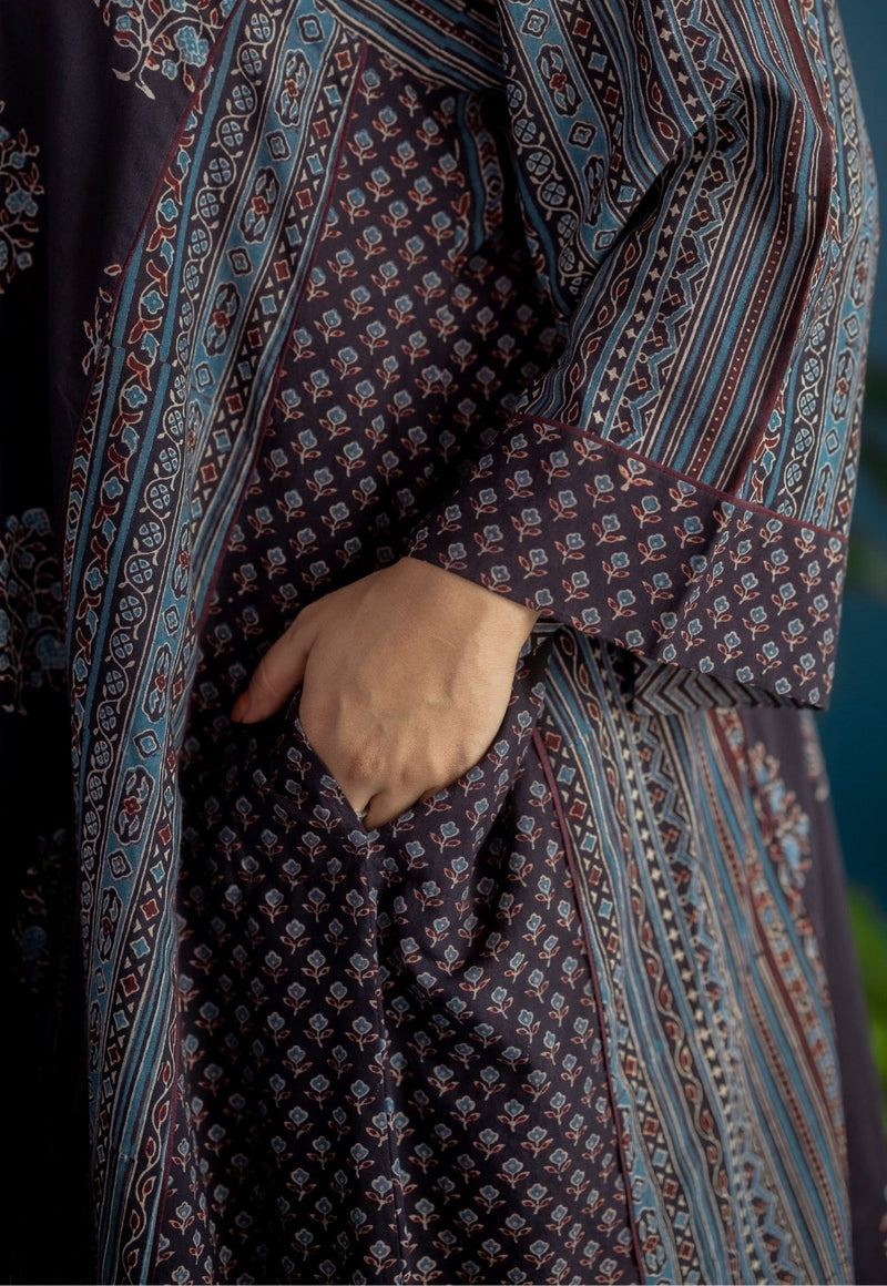 Garima Black Ajrakh Cotton Jhabbha Kali Kurta with Hand Embroidery