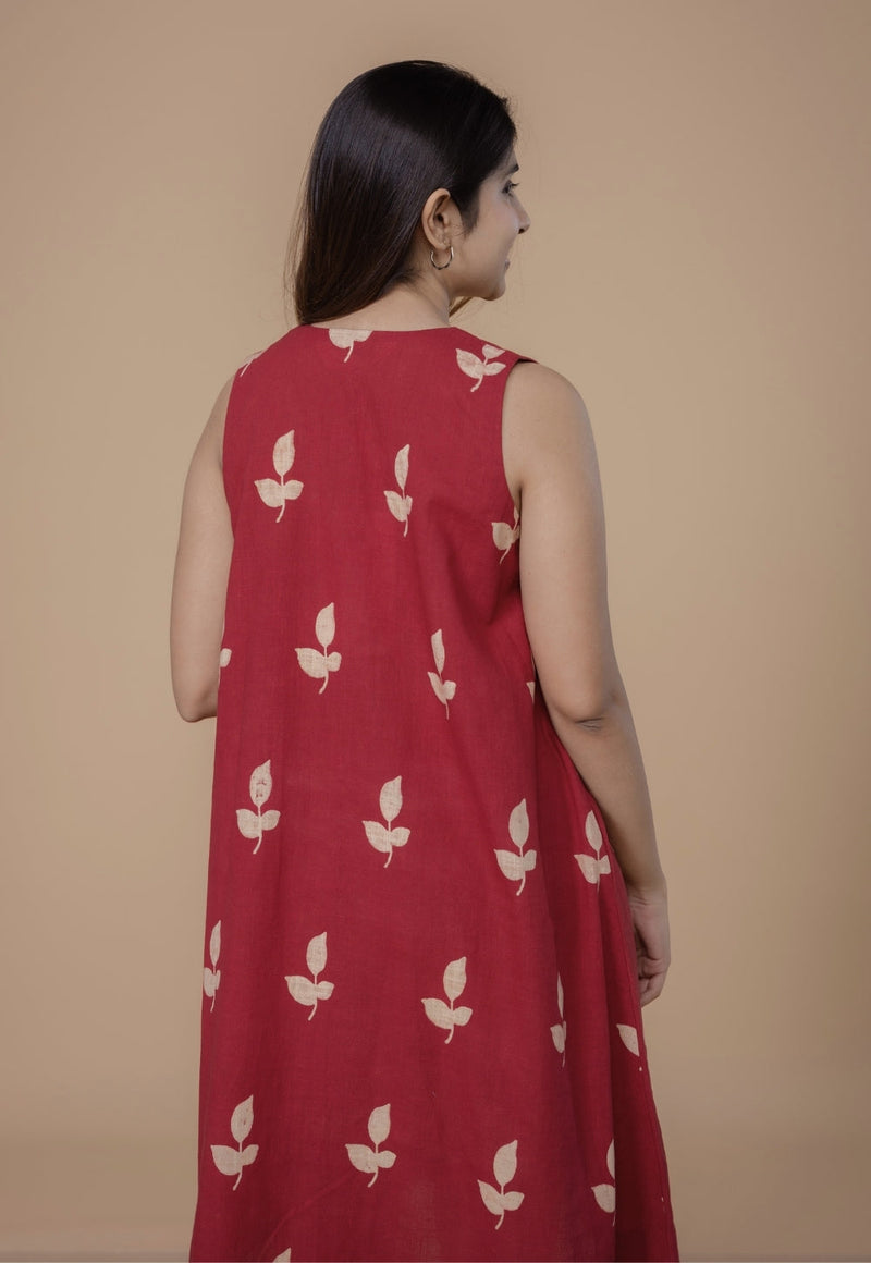 Siaa Red Dabu Slub Cotton A Line Dress