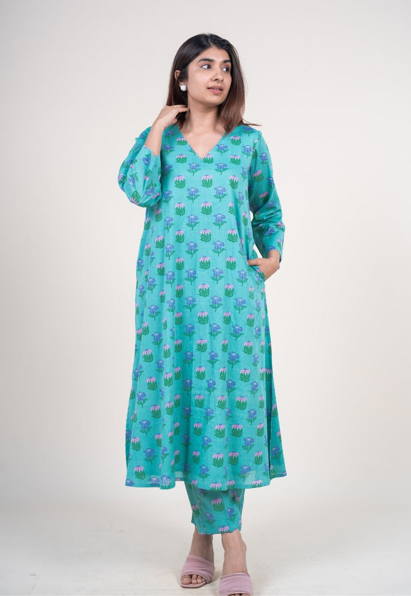 Reva Mint Green Printed Mul A Line Kurta with Hand Embroidery