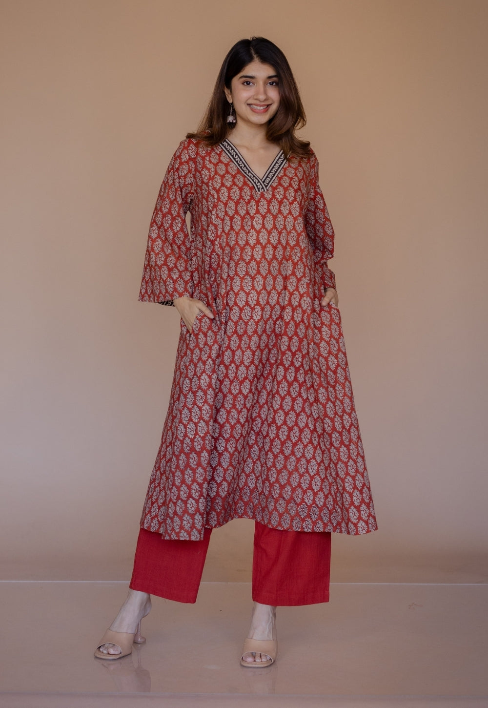 Sarah Red Bagru Cotton Kali Kurta