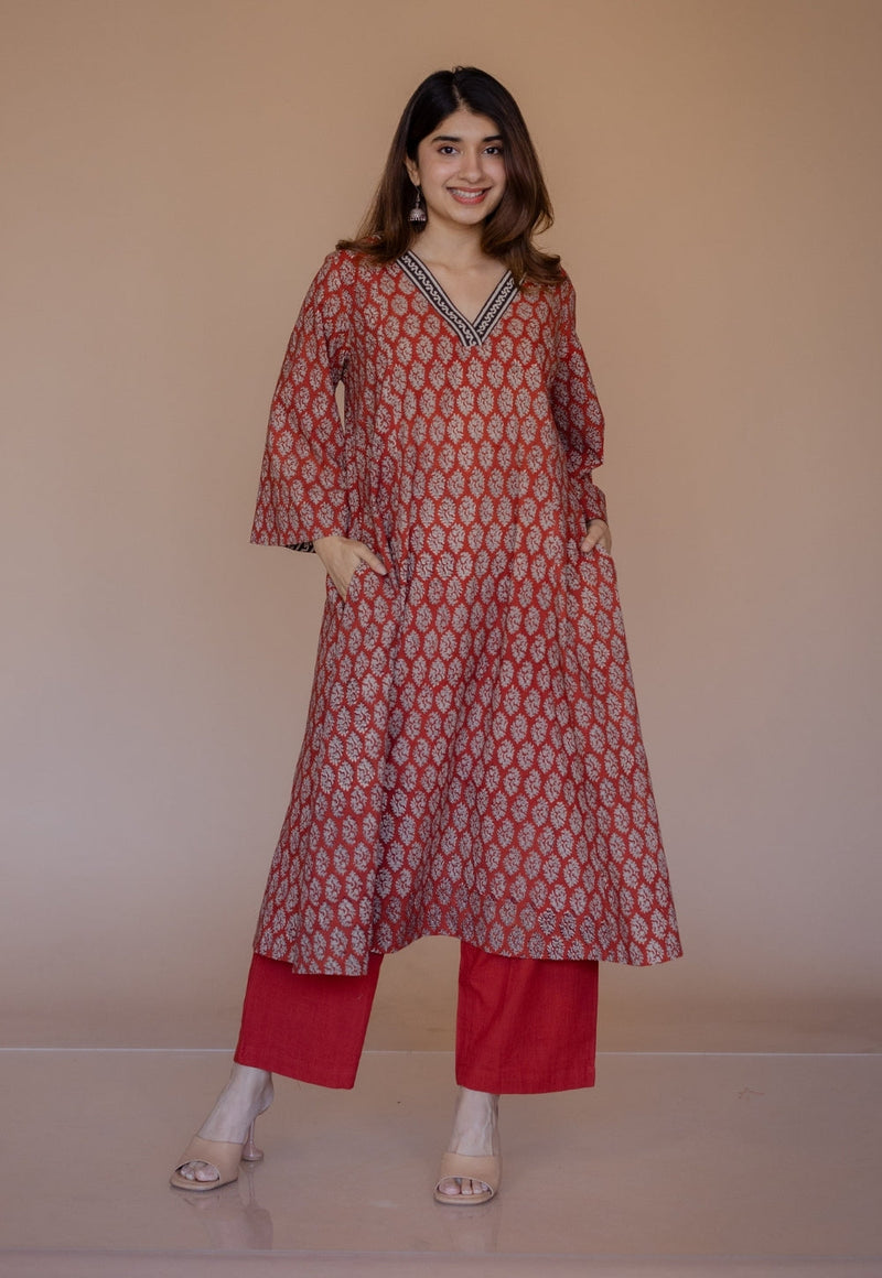 Sarah Red Bagru Cotton Kali Kurta