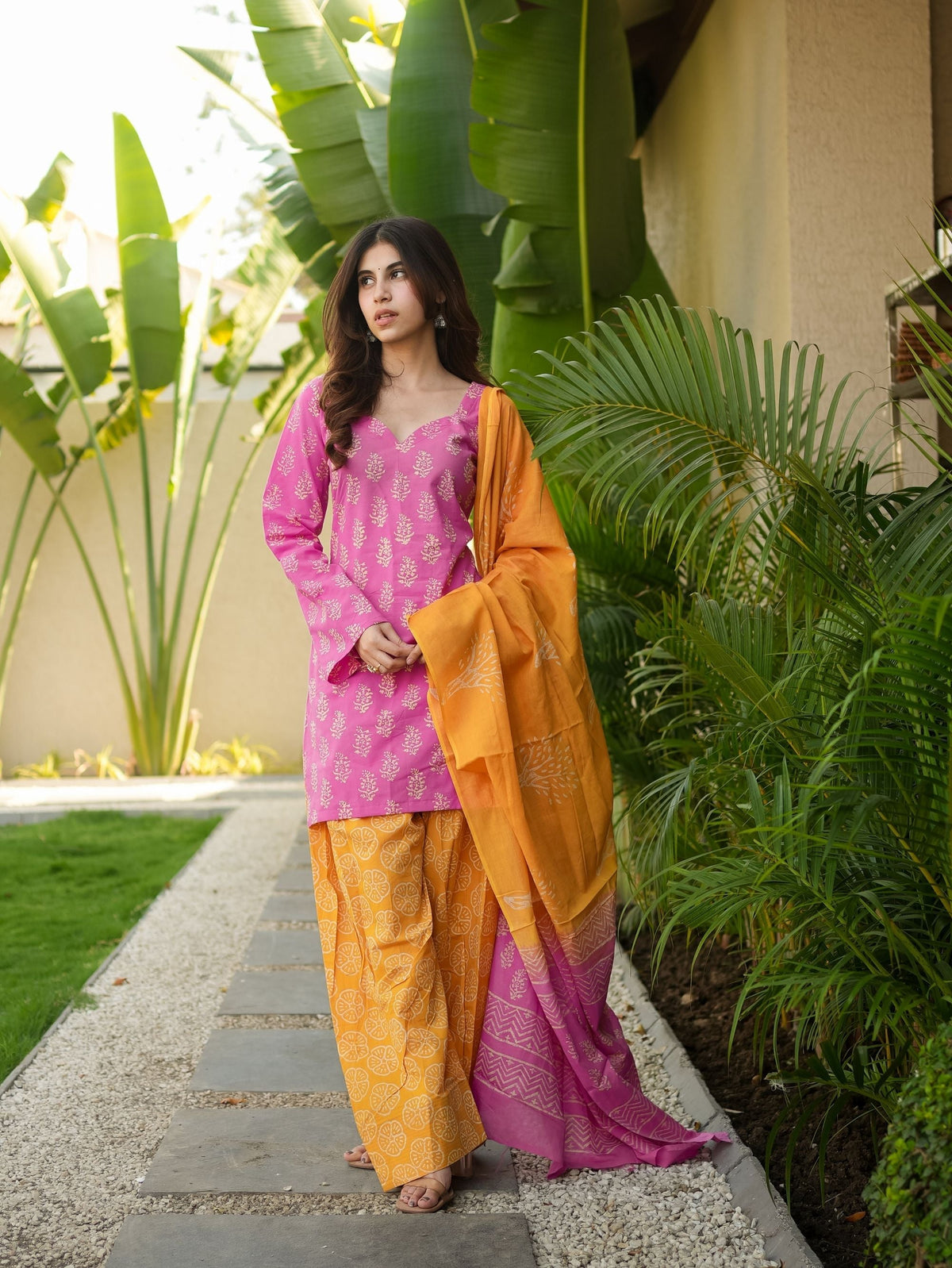 Rosebella Pink Cotton Kurta Set with Farshi Salwar and Cotton Dupatta
