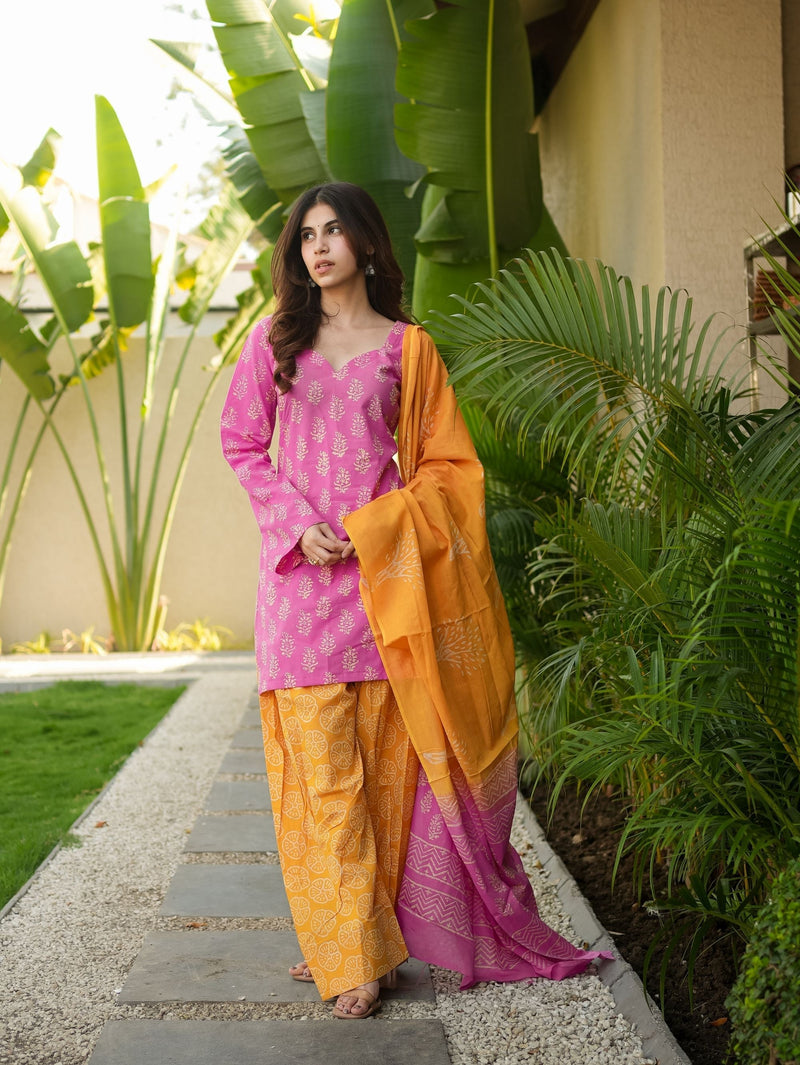 Rosebella Pink Cotton Kurta Set with Farshi Salwar and Cotton Dupatta