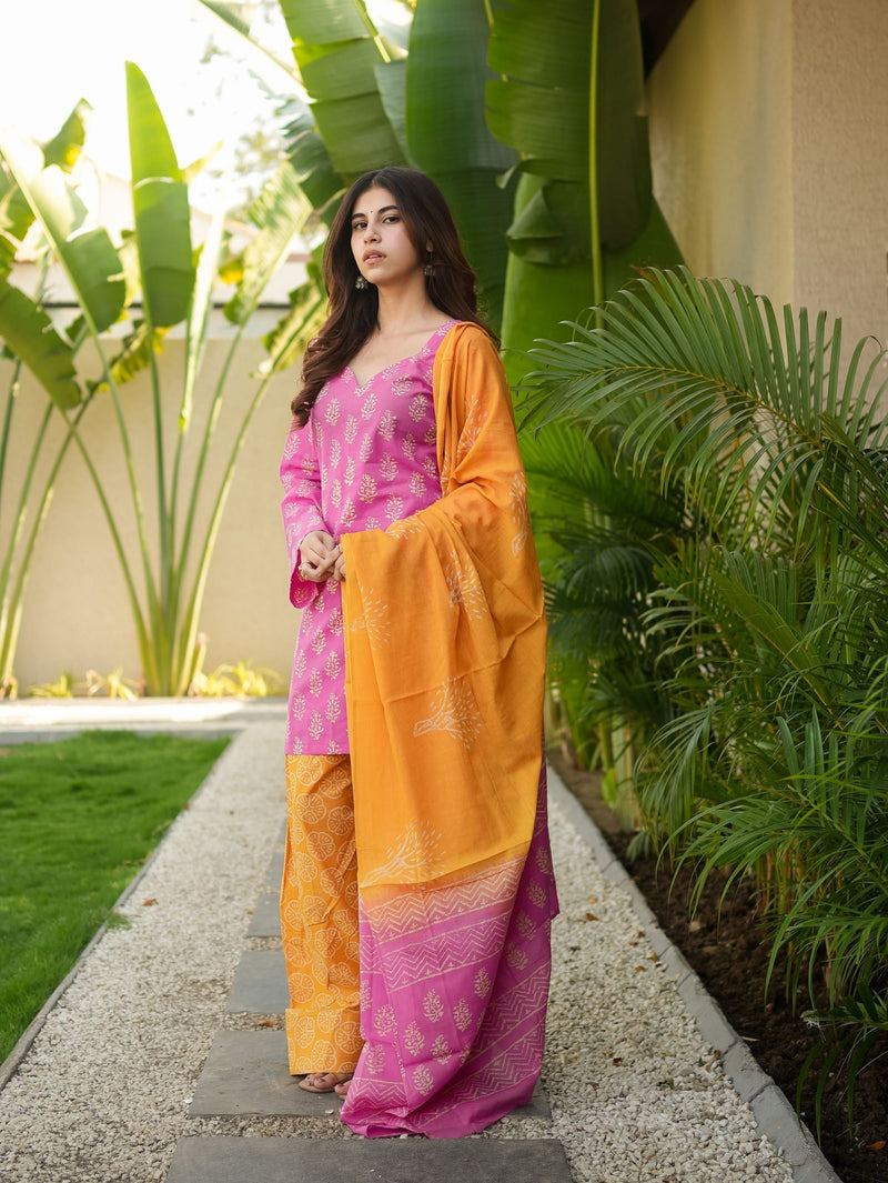 Rosebella Pink Cotton Kurta Set with Farshi Salwar and Cotton Dupatta