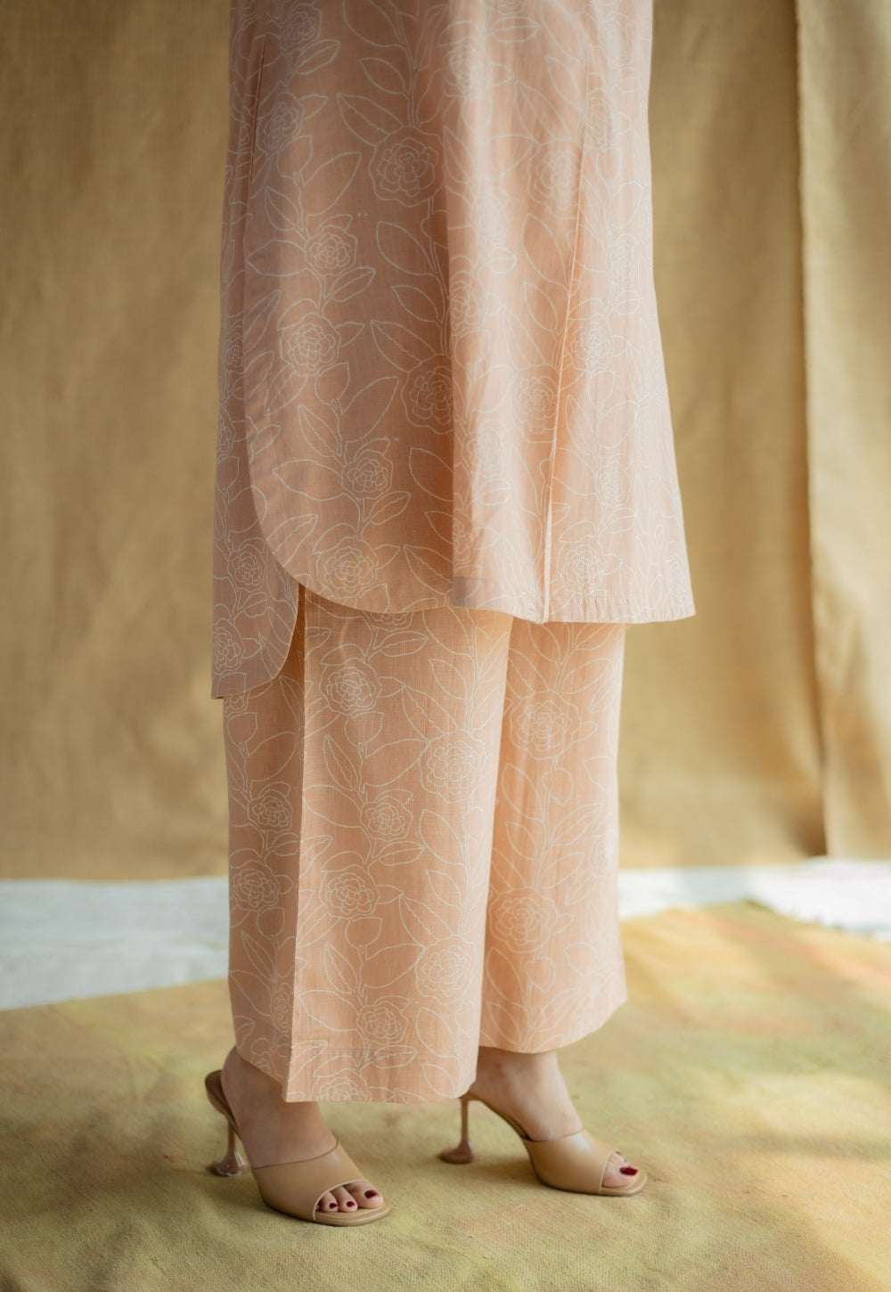 Yashi Peach Hand Block Print Slub Cotton Straight Pant