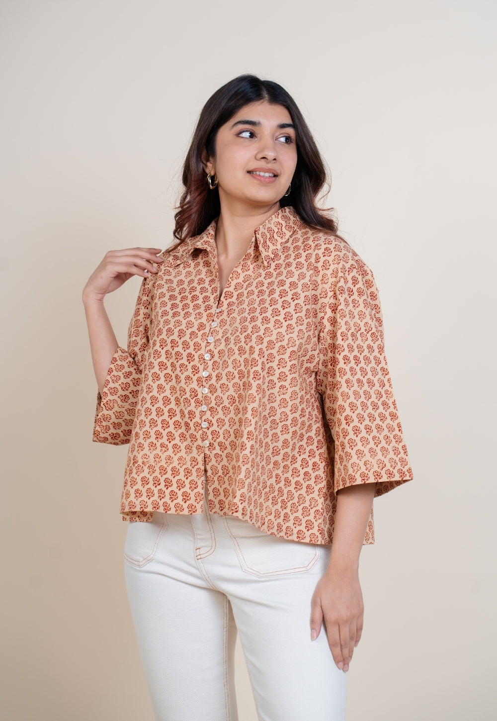Niva Off White Bagru Cotton Straight Short Top