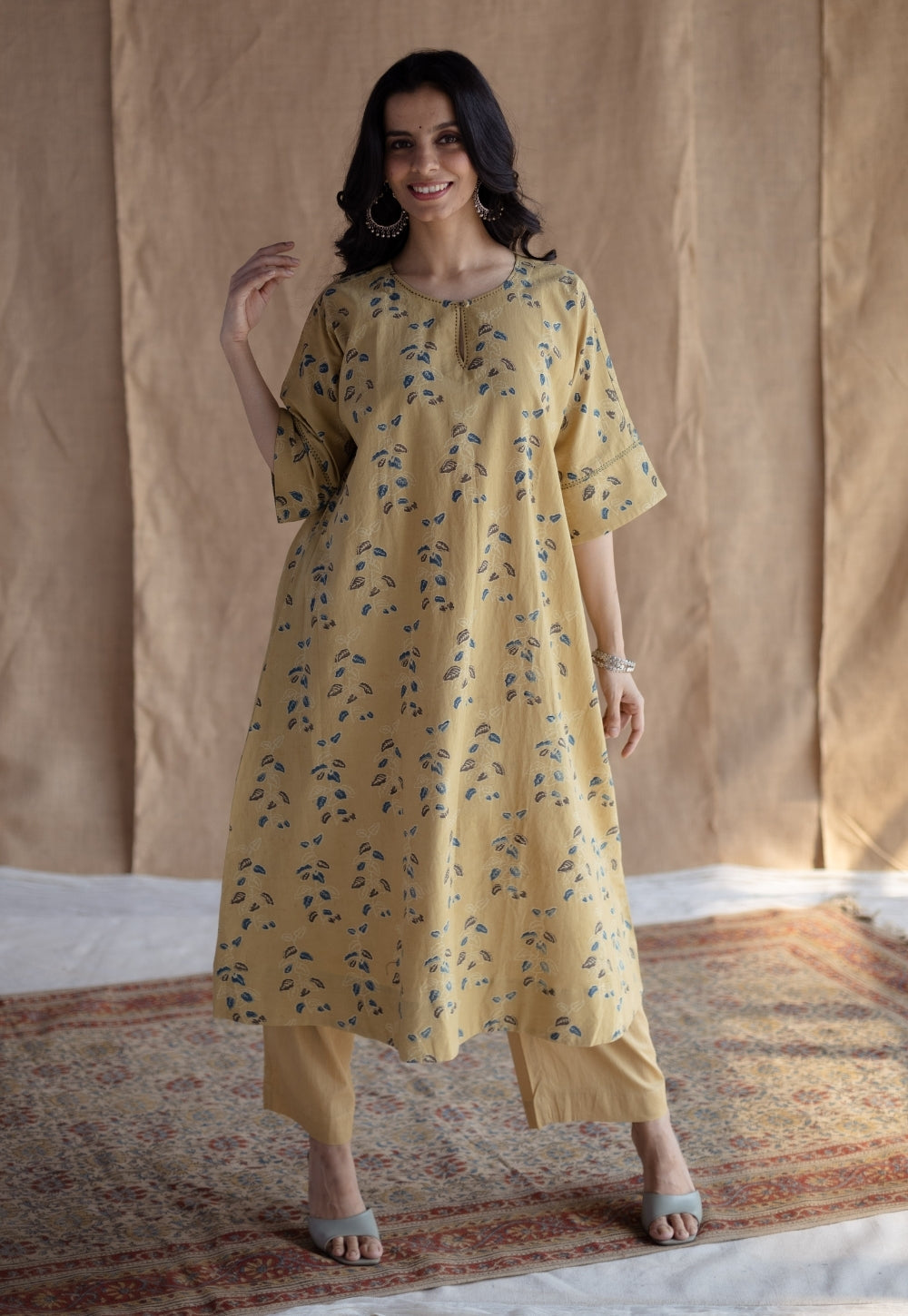 Anu Yellow Ajrakh Cotton A Line Kurta with Hand Embroidery