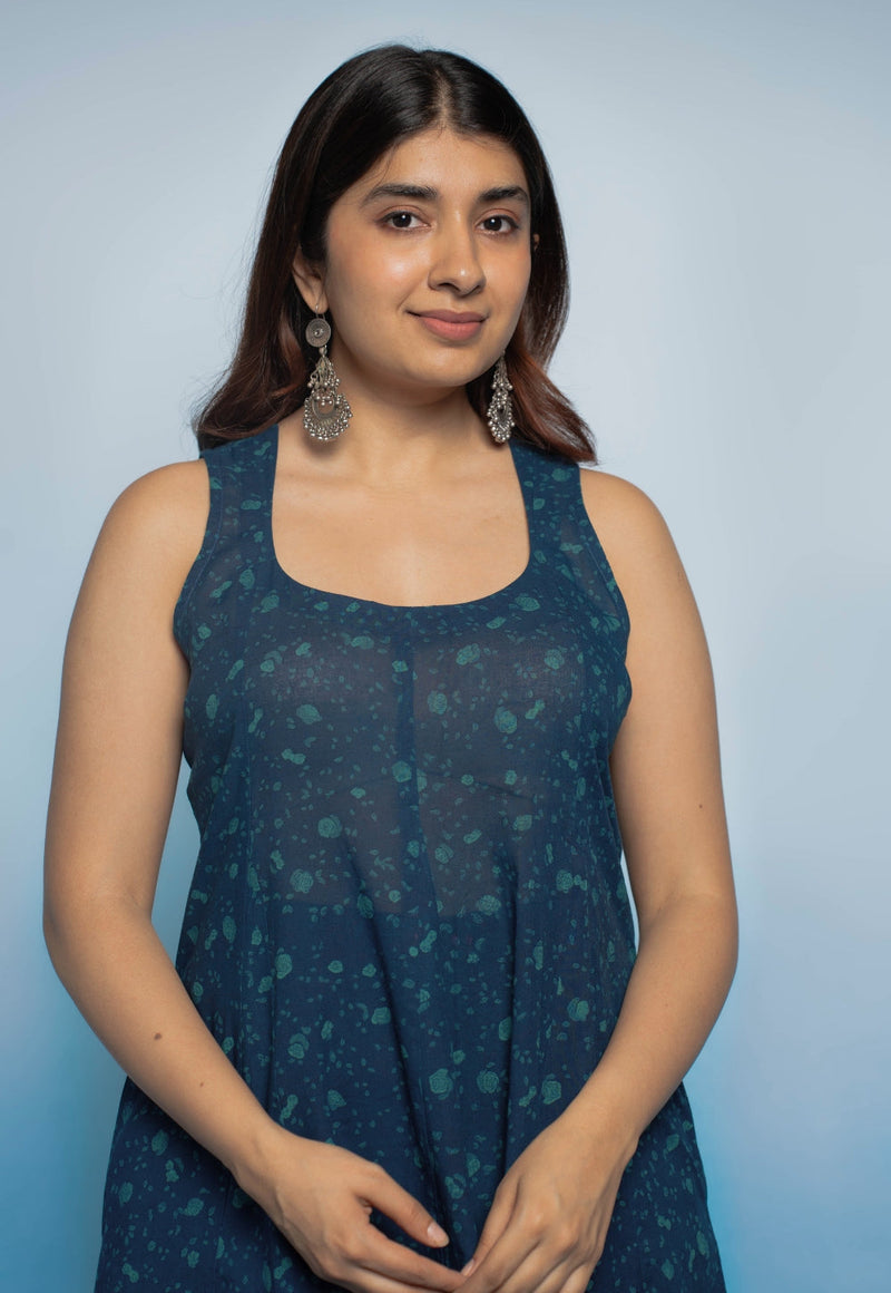 Tia Blue Dabu Mul Cotton Kali Kurta