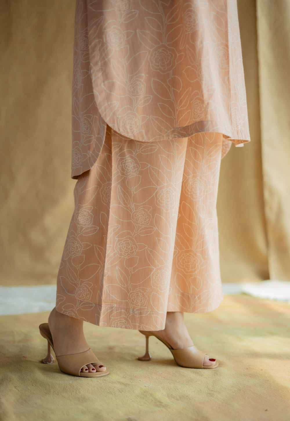 Yashi Peach Hand Block Print Slub Cotton Straight Pant