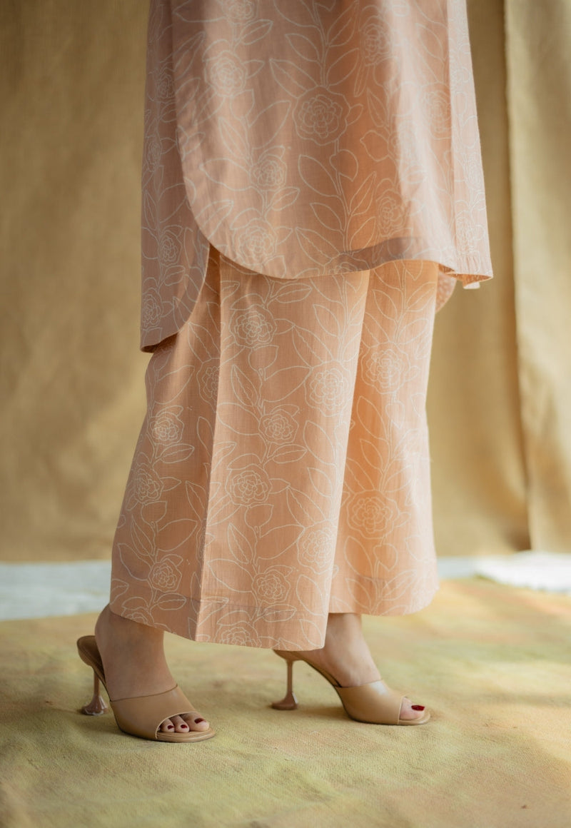 Yashi Peach Hand Block Print Slub Cotton Straight Pant