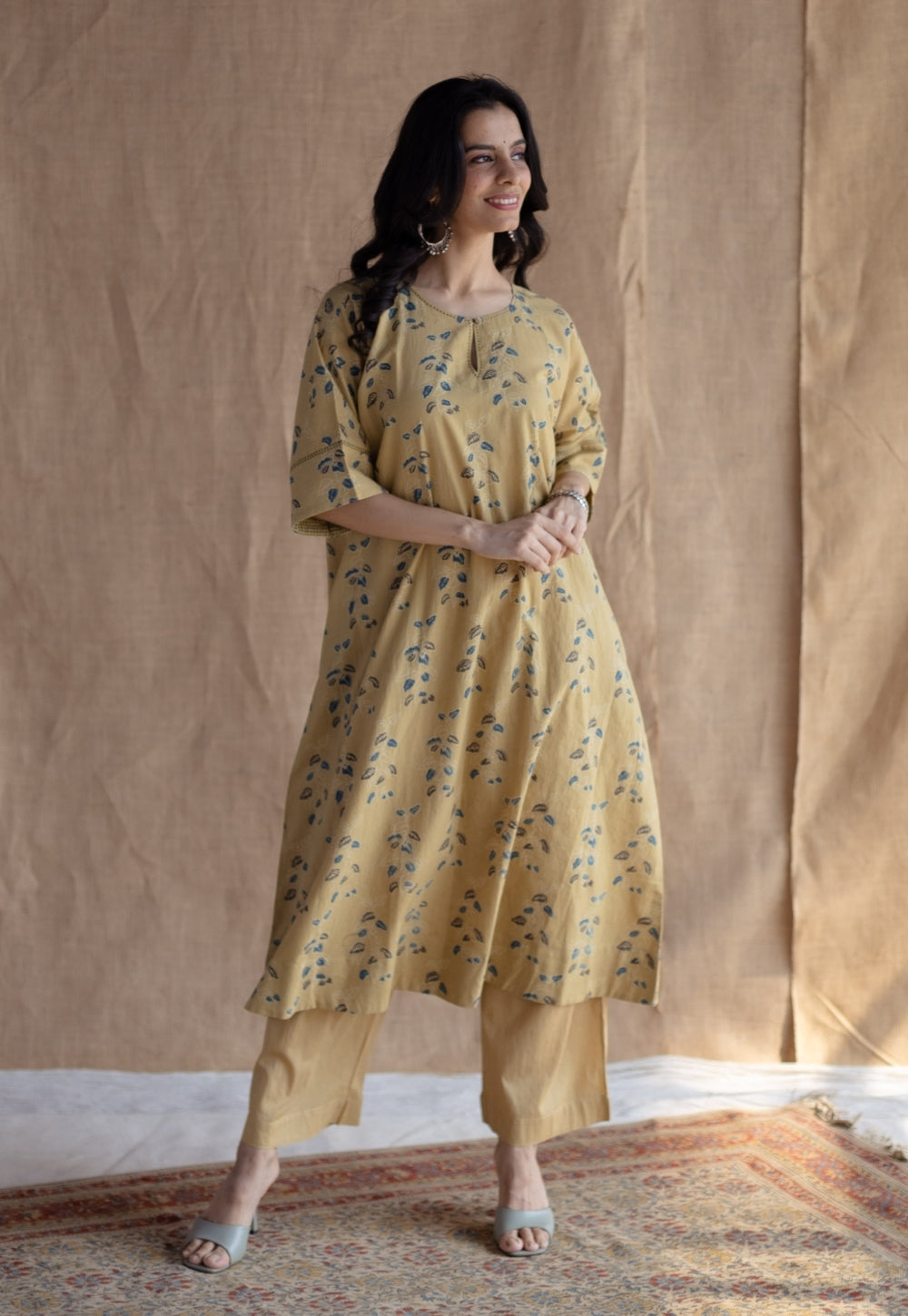 Anu Yellow Ajrakh Cotton A Line Kurta with Hand Embroidery