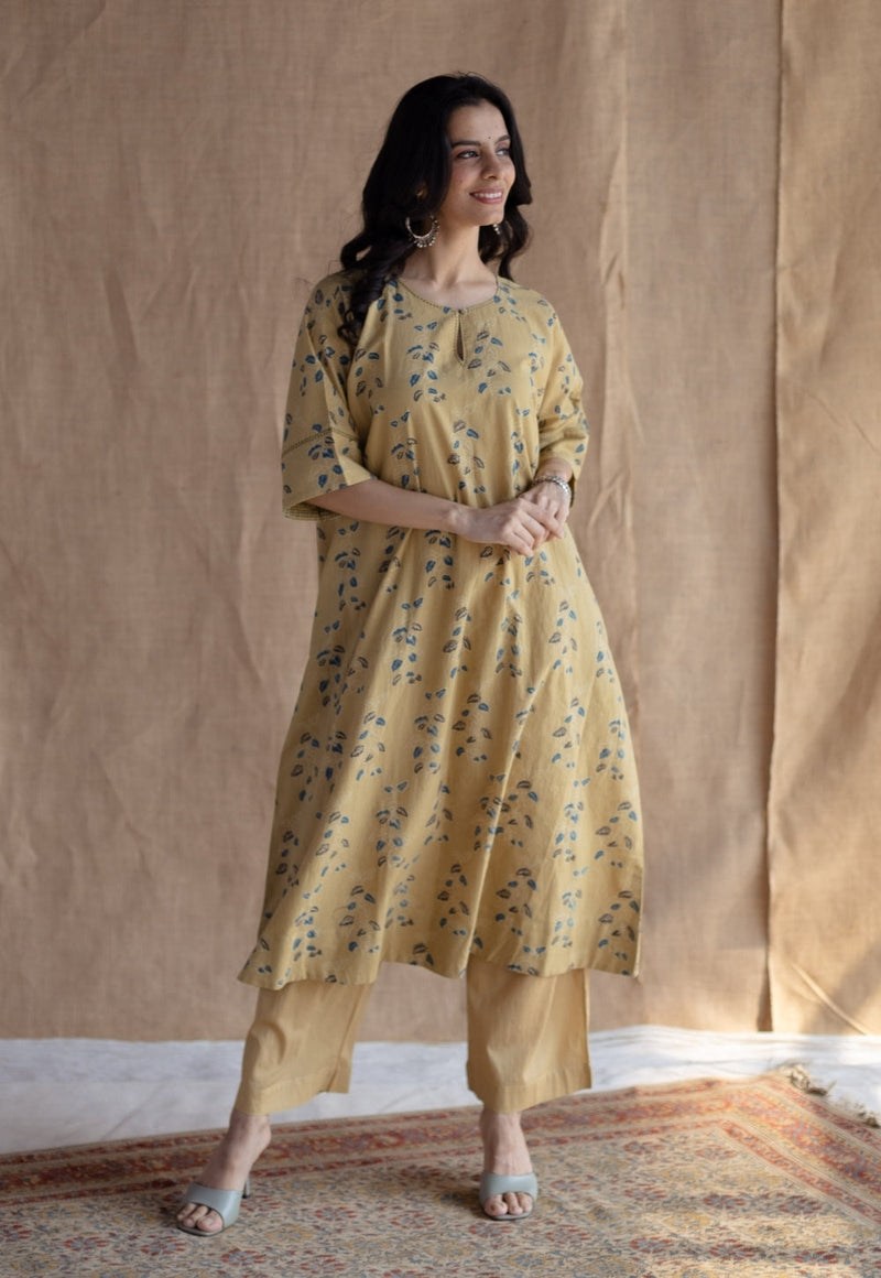 Anu Yellow Ajrakh Cotton A Line Kurta with Hand Embroidery