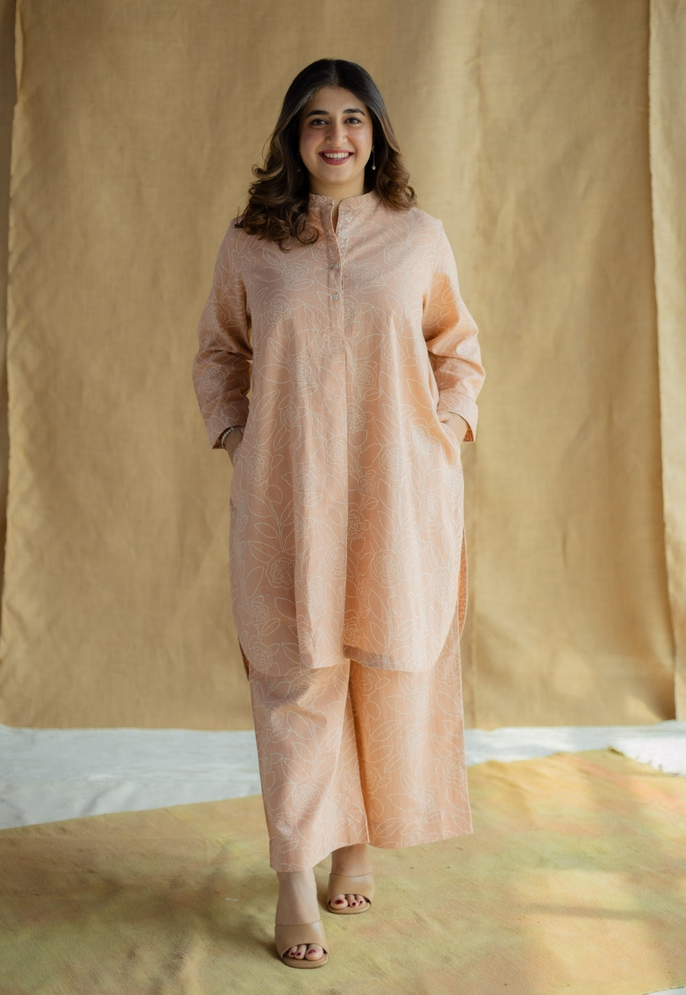 Yashi Peach Hand Block Print Slub Cotton Straight Pant
